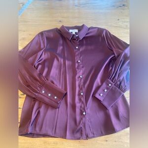 Cece Long Puff Sleeve Silky Button‎ Down Blouse Marroon Burgundy Women’s XL NWT
